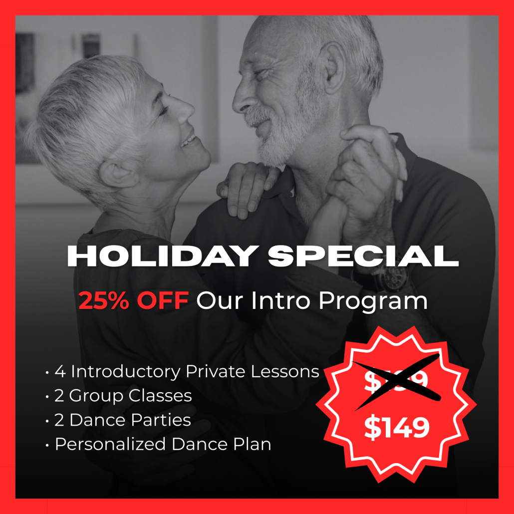 Holiday dance intro program at Dance Harmony in Alpharetta – private lessons, group classes, and social dance parties.